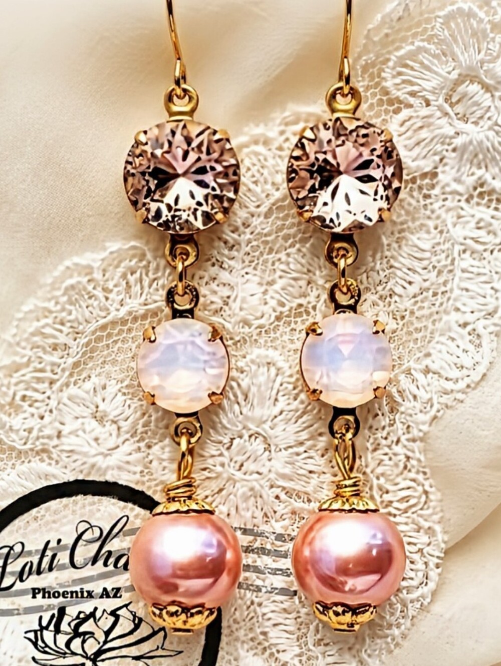 Victorian Pink Flower Mosaic & Rosewater Pink Opal Crystal W/ Pearl Earrings
